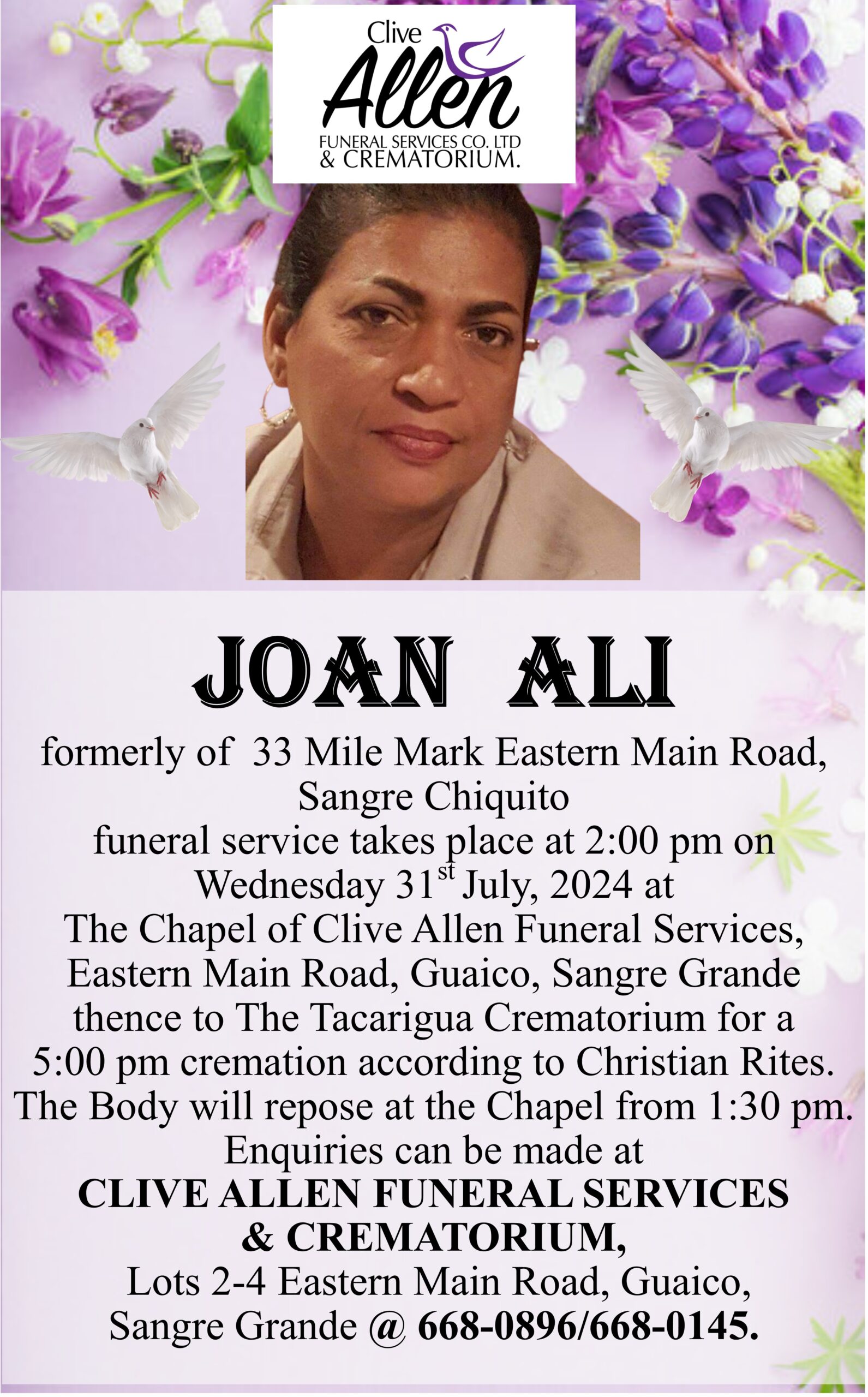 JOAN ALI – Clive Allen Funeral Services Co. Ltd & Crematorium